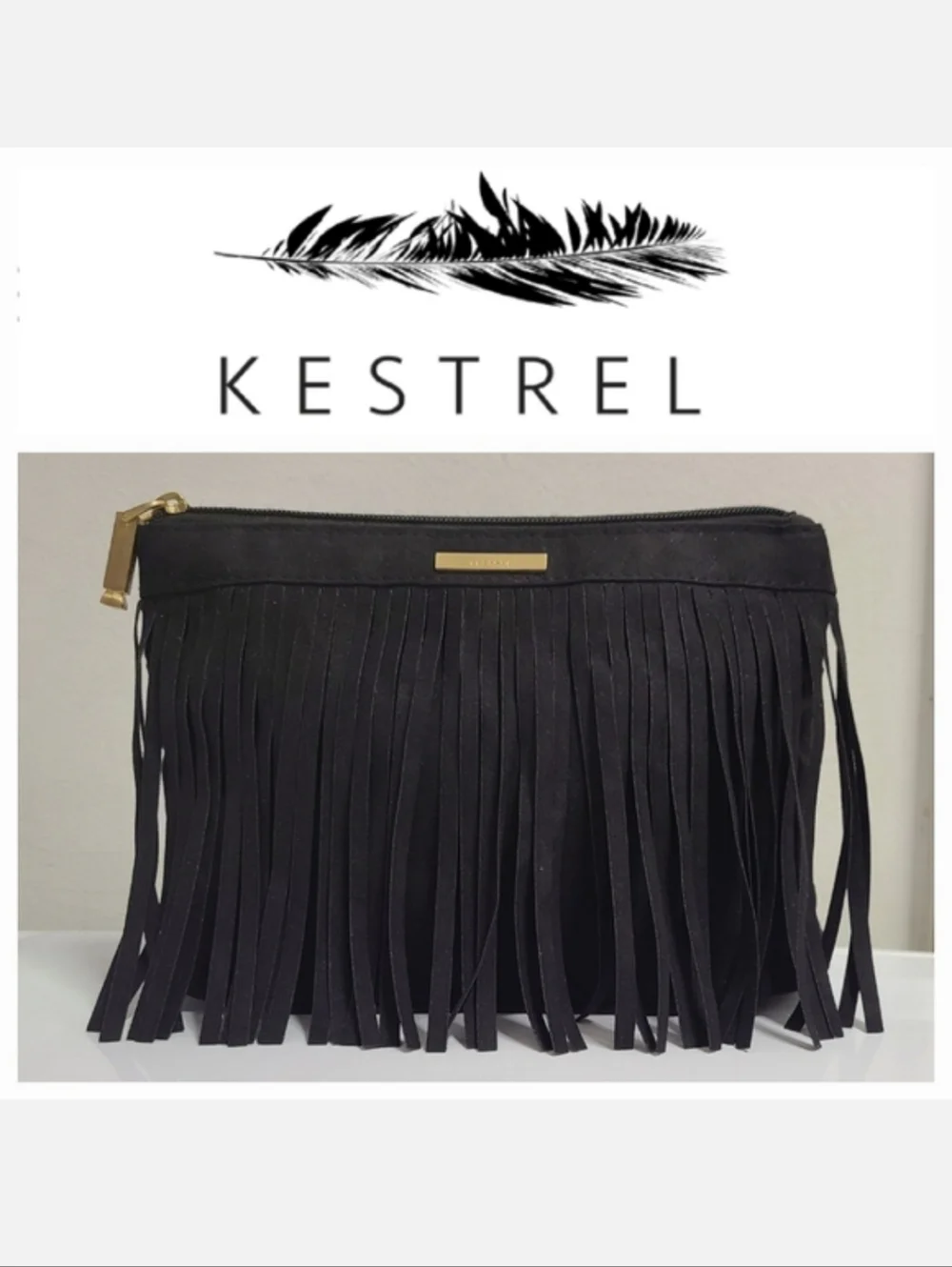 KESTREL Fringe Accessory Clutch Bag Wristlet Strap Black Faux Suede
